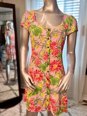 Anthropologie Lost + Wander Floral Button Front Babydoll Mini Dress Pink Medium